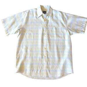 Jos A Bank Traveler's Collection Linen Shirt Mens L Pastel Plaid Short Sleeve